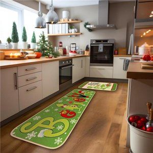 Set of 2 Merry Christmas Kitchen Rugs, Grinch Christmas Kitchen Bathroom Decor
